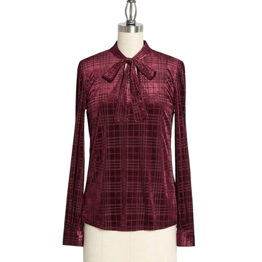 ModCloth‎ Velvet Blouse Womens Small Burgundy Plaid Tie Neck Long Sleeve Top